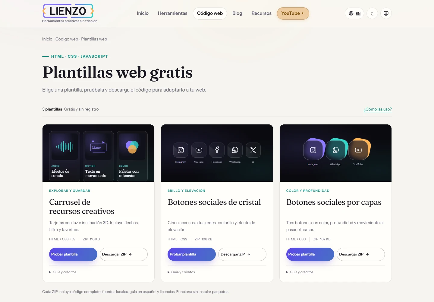 Catálogo real de Lienzo con las tres plantillas web y sus opciones de vista previa y descarga