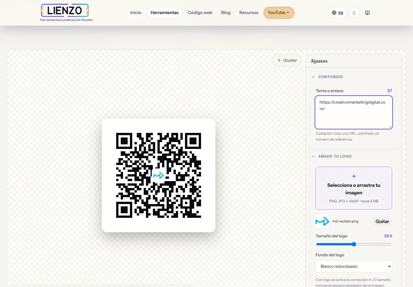 Generador QR de Lienzo con un enlace de prueba a MD y su icono en el centro del código