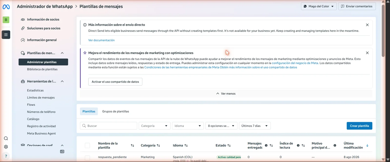 Avisos de Meta al entrar al Administrador de WhatsApp pidiendo activar el uso compartido de datos de mensajes