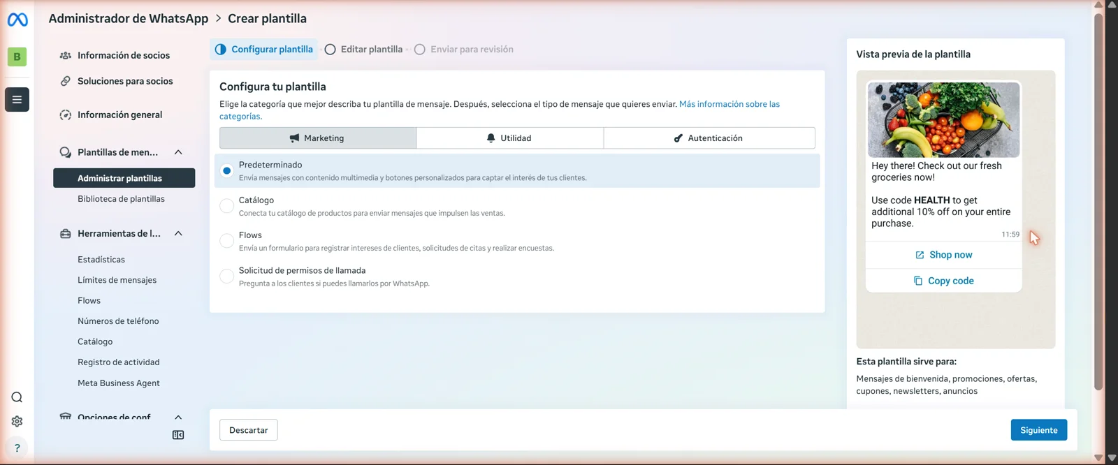 Asistente de configuración de plantilla de WhatsApp con las categorías Marketing, Utilidad y Autenticación