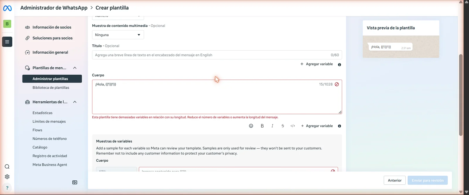 Error del editor de plantillas de WhatsApp: demasiadas variables por escribir las llaves a mano