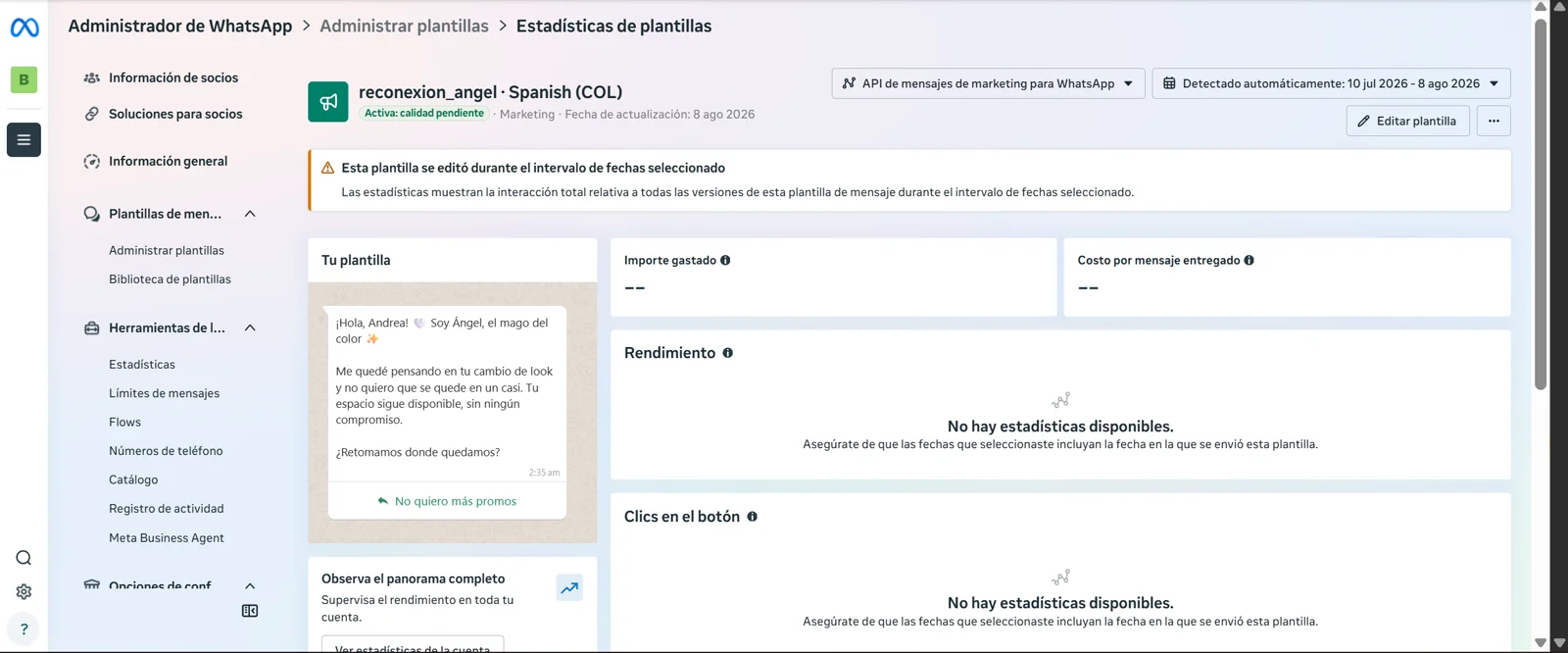 Detalle de la plantilla reconexion_angel aprobada, con su botón de baja No quiero más promos