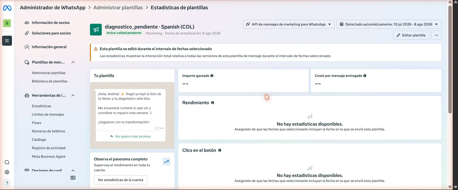 Detalle de la plantilla diagnostico_pendiente con su botón de baja, aprobada y activa