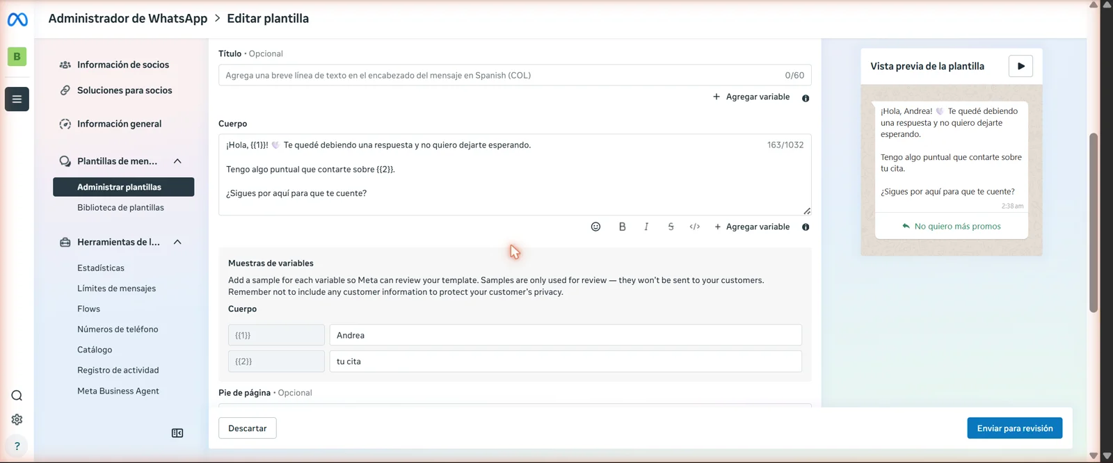 Editor de la plantilla respuesta_pendiente con dos variables y sus muestras para el revisor de Meta