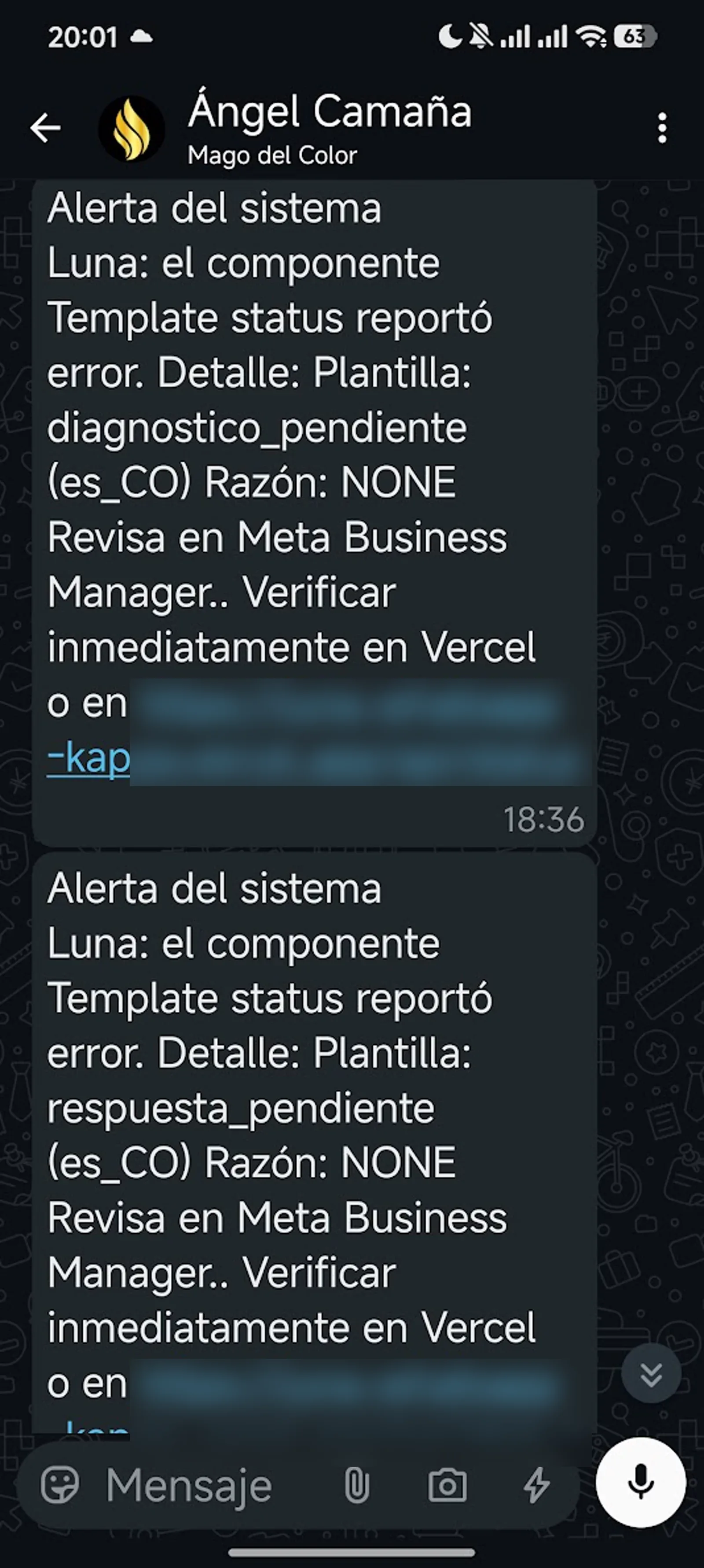 Dos alertas del sistema Luna en WhatsApp reportando error por plantillas que acababan de ser aprobadas