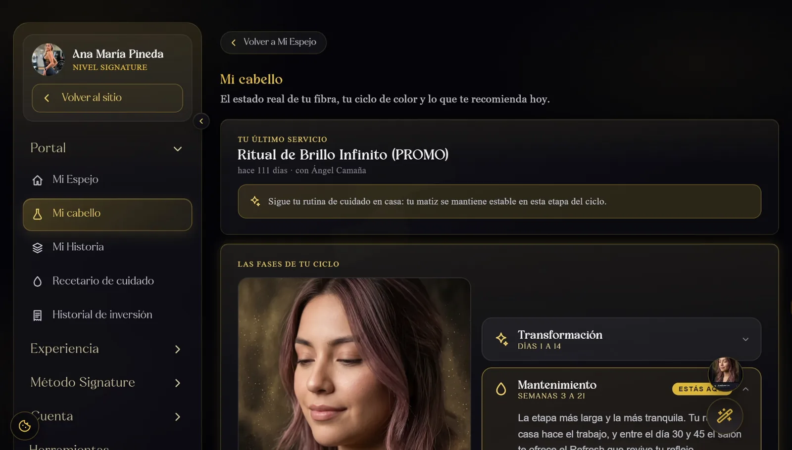 Sección Mi cabello: último servicio y fases del ciclo de color con la etapa actual señalada