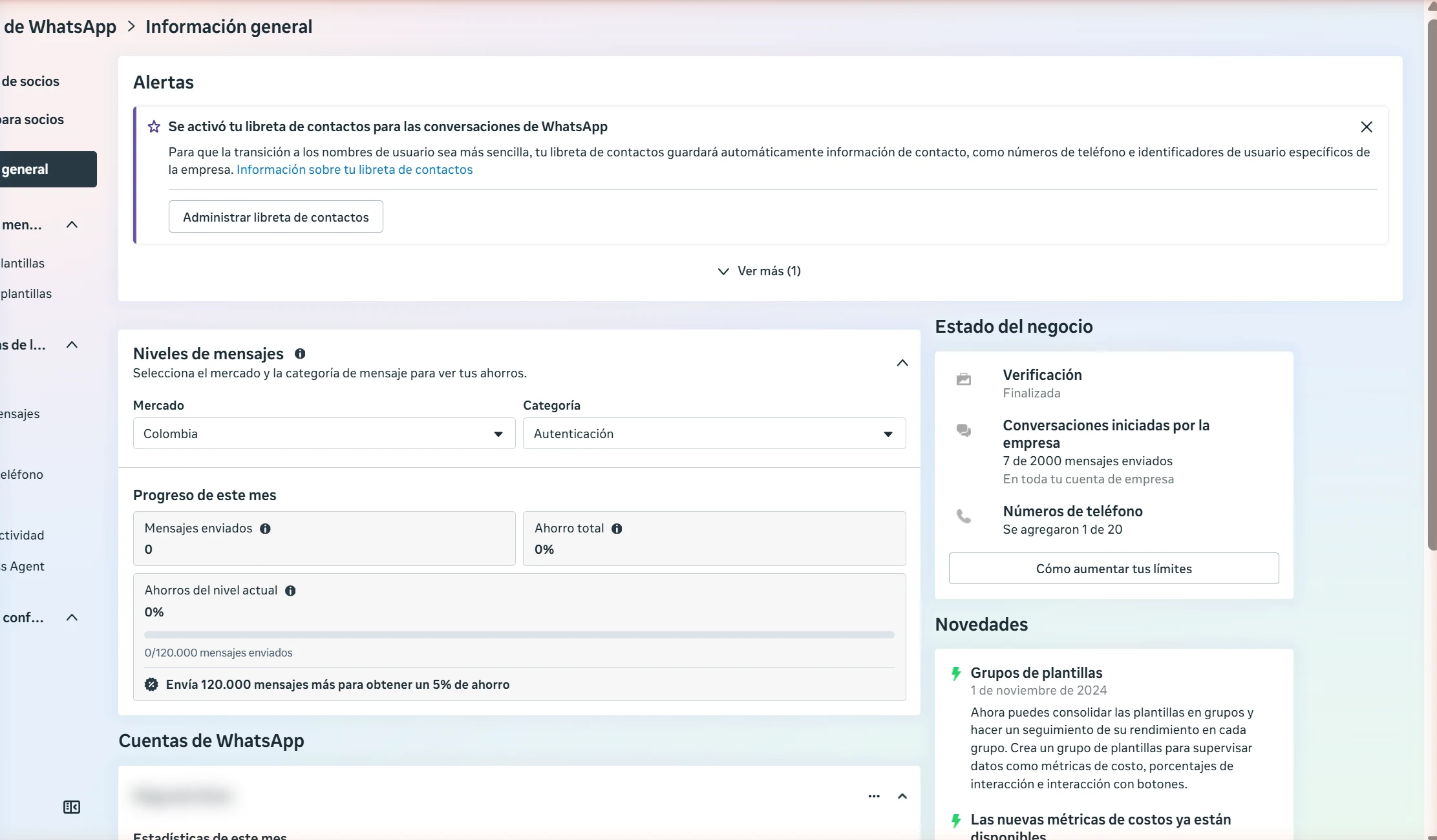 Captura real del panel de Meta mostrando el estado del negocio y la calidad del número de WhatsApp Business, con datos sensibles difuminados