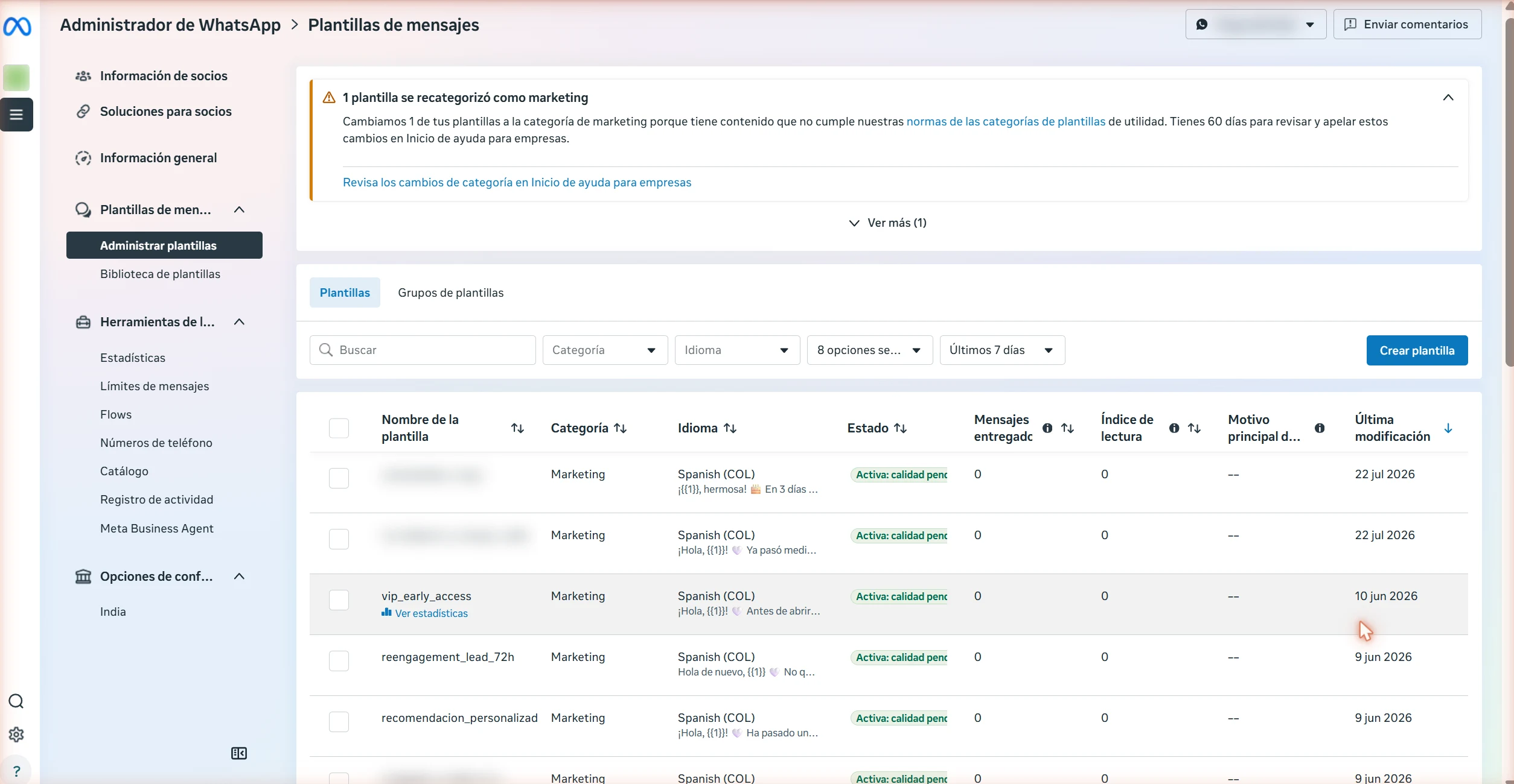 Captura real del panel de Meta mostrando el aviso de recategorización de una plantilla de WhatsApp Business, con 60 días para apelar