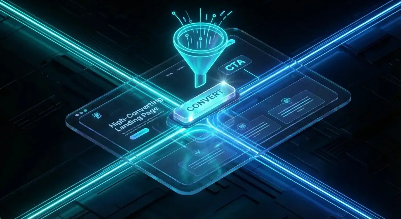 Mockup De Landing Page En Estilo Oscuro Con Acento Cian, Diseñado Para Captación De Leads Y Conversión