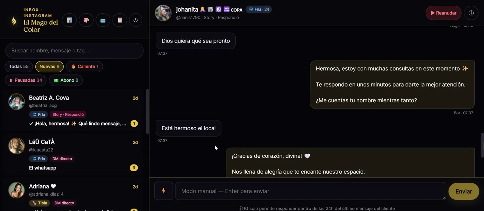 Inbox unificado · DMs, historias y comentarios